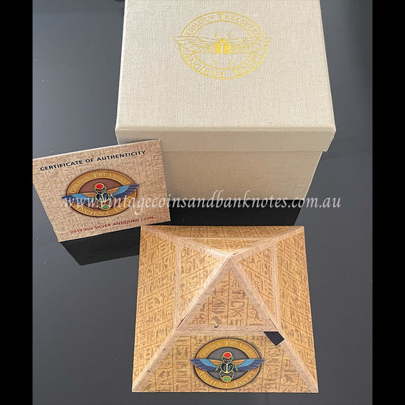 2019 $2 The Golden Treasures Ancient Egypt Pyramid 2 oz Silver Antiqued Tuvalu Proof Coin
