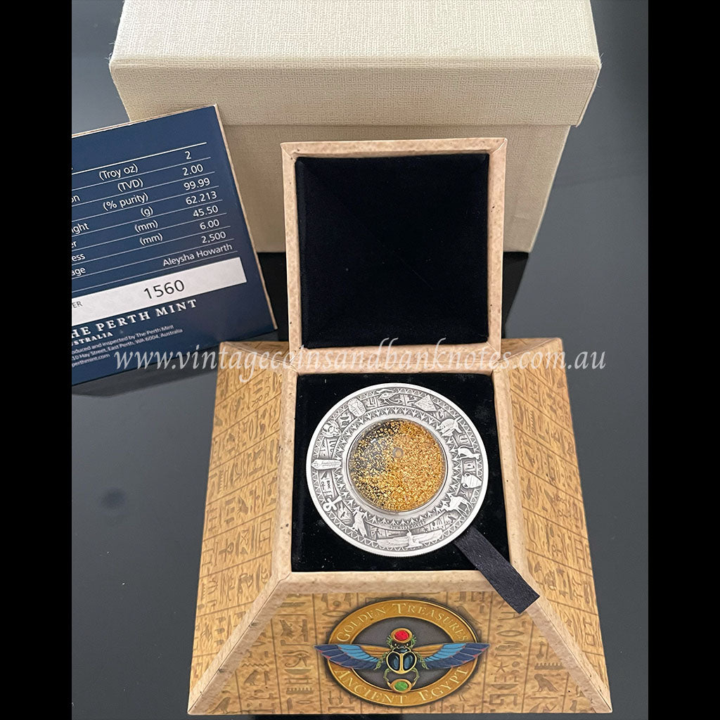 2019 $2 The Golden Treasures Ancient Egypt Pyramid 2 oz Silver Antiqued Tuvalu Proof Coin