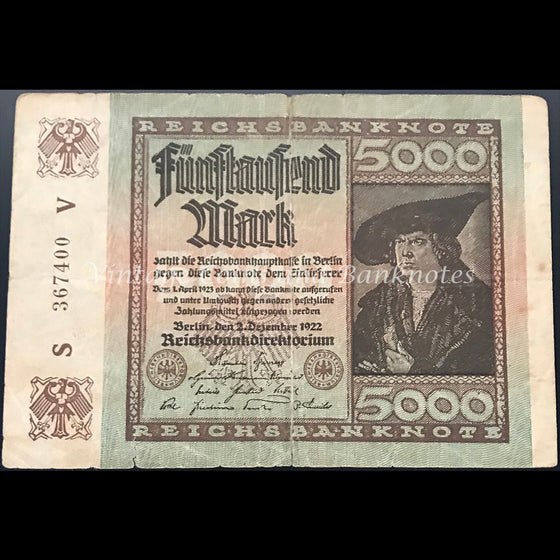 Germany 1922 Reichsbanknote 5,000 Mark FINE