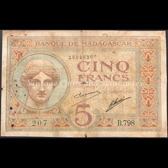 Madagascar ND (ca. 1937) 5 Francs VG