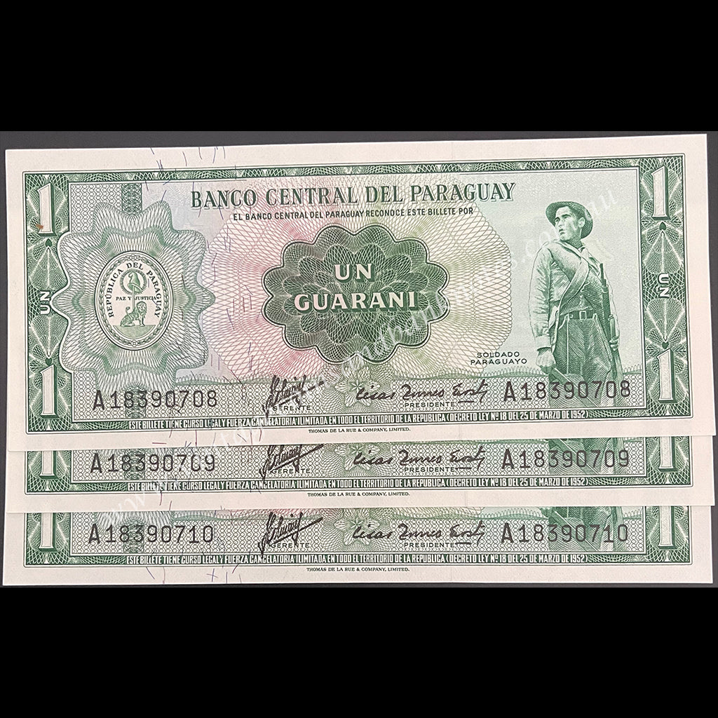 Paraguay ND (L.1952) 1 Guarani Consecutive Run of 3 UNC