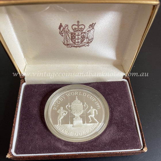 1991 New Zealand $5 Silver Proof Coin - Rugby World Cup