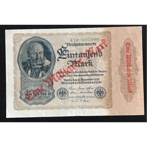 Germany 1923 Reichsbanknote 1 Milliarde Mark overprint on 1922 1000 Mark Note gVF