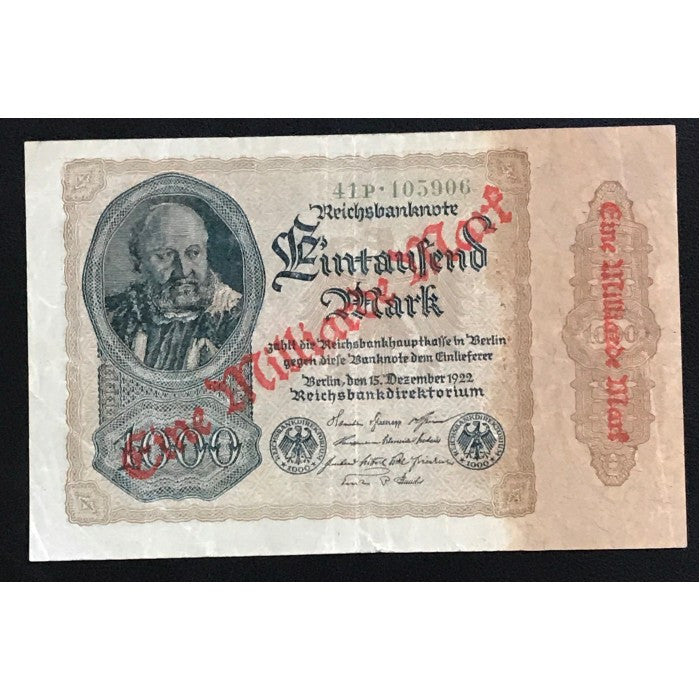 Germany 1923 Reichsbanknote 1 Billion Mark overprint on 1922 1000 Mark Note
