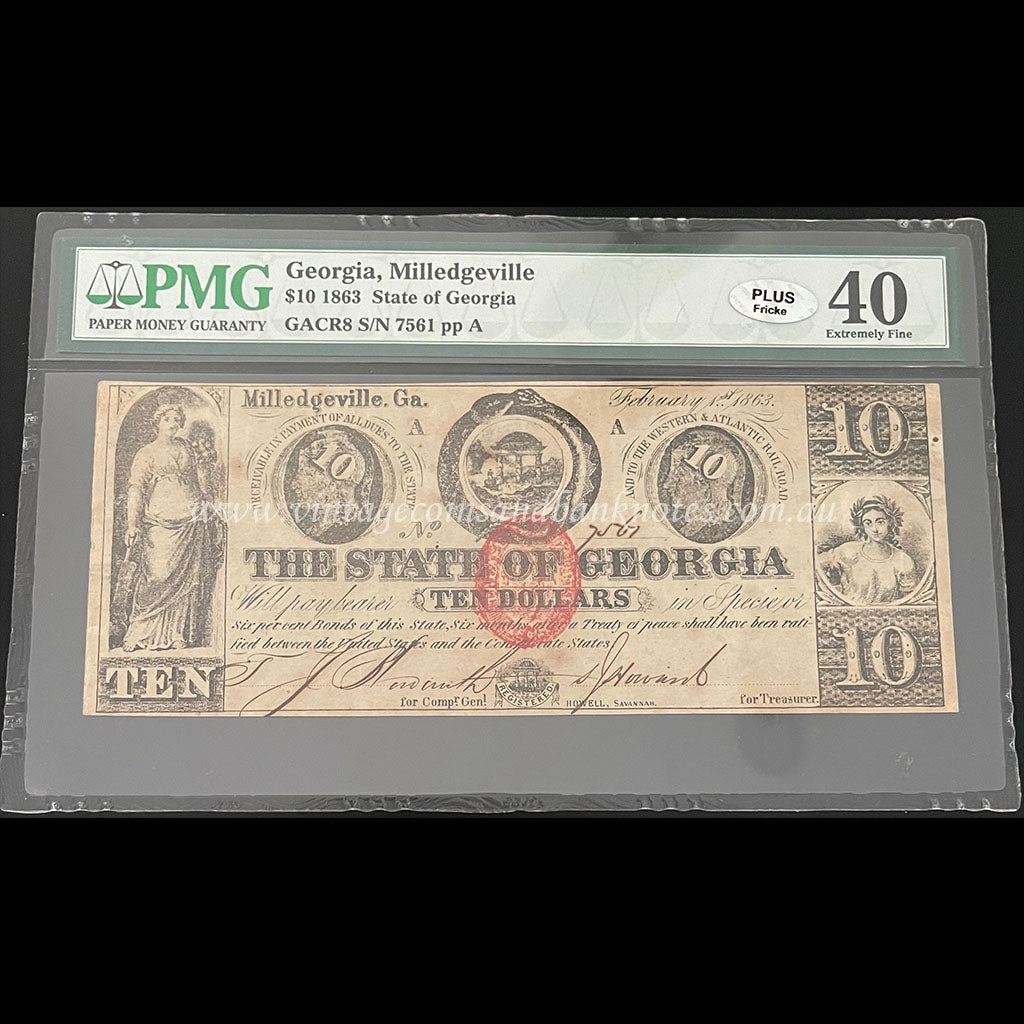 USA 1863 Georgia, Milledgeville $10 PMG Graded 40 ExFINE