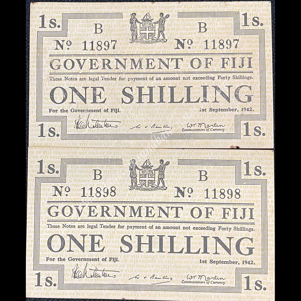 Fiji 1942 1 Shilling Emergency Issue Consecutive Pair aUNC/UNC