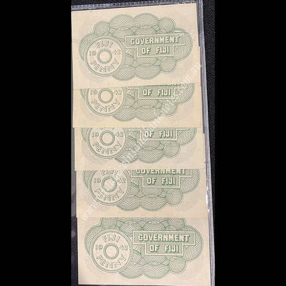 Fiji 1942 One Penny Emergency Issue Run of 5 UNC