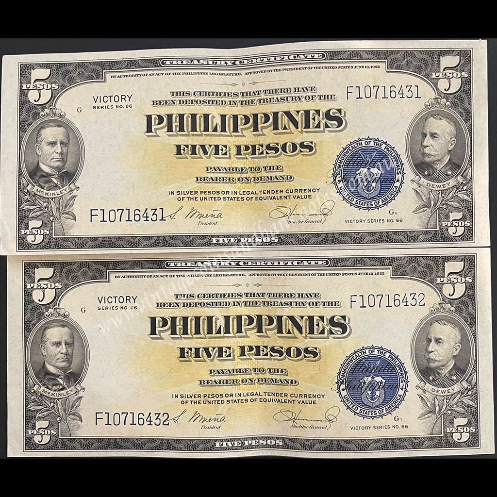 Philippines ND (1944) 5 Pesos Consecutive Pair VF