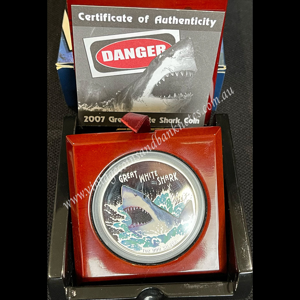 2007 1oz Silver Proof Coin Tuvalu Dollar - Danger Series Great White Shark