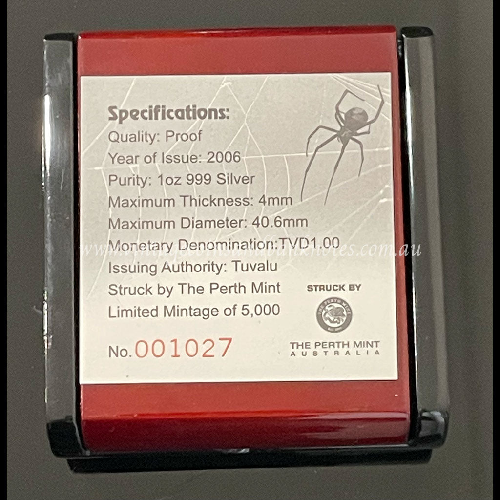 2006 1oz Silver Proof Coin Tuvalu Dollar - Danger Series Redback Spider