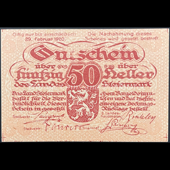 Austria 1920 50 Heller - Styria Notgeld UNC