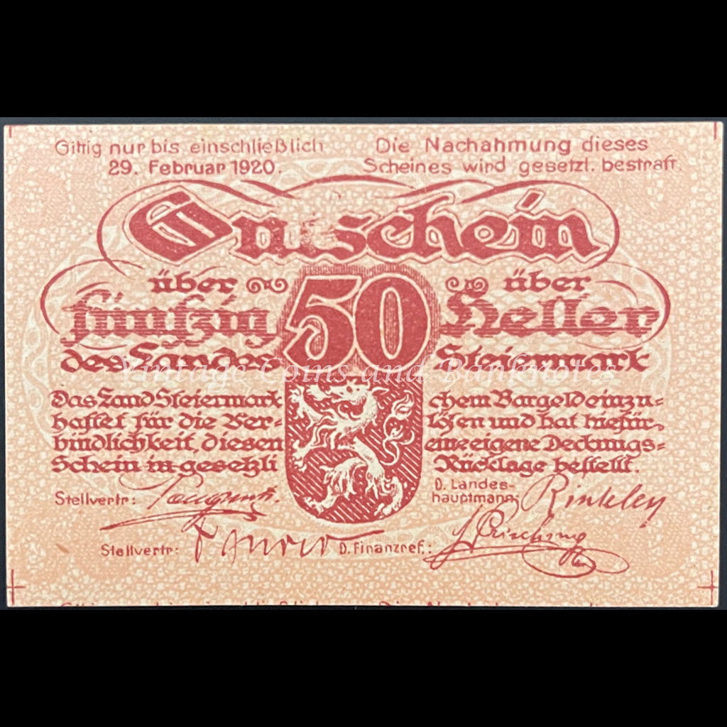 Austria 1920 50 Heller - Styria Notgeld UNC