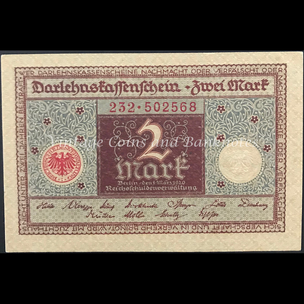 Germany 1920 Darlehenskassenschein 2 Mark - State Loan Currency Note (Weimar Republic) UNC