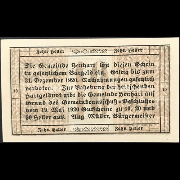 Austria 1920 10 Heller - Henhart Notgeld UNC