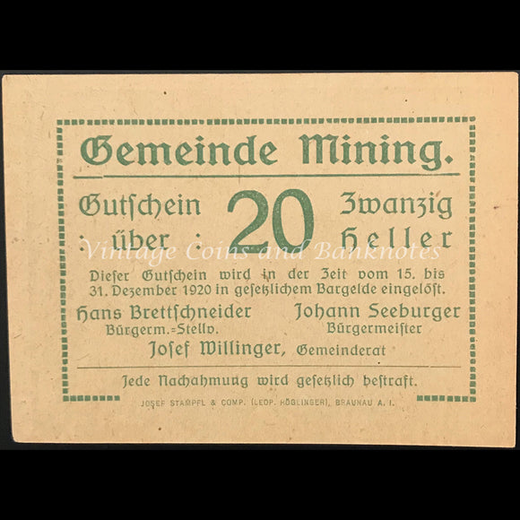 Austria 1920 20 Heller - Mining Notgeld UNC