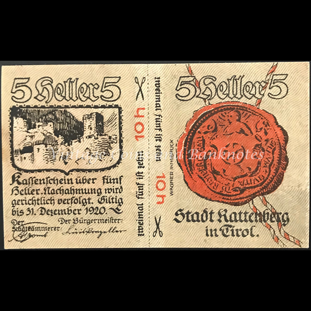 Austria 1920 5 Heller - Rattenberg Notgeld UNC