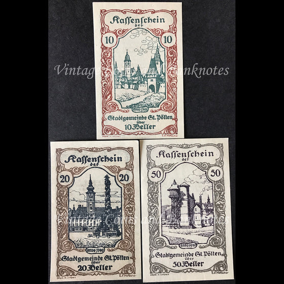 Austria 1920 10, 20 and 50 Heller Set - Sankt Poelten (Pölten) Notgeld