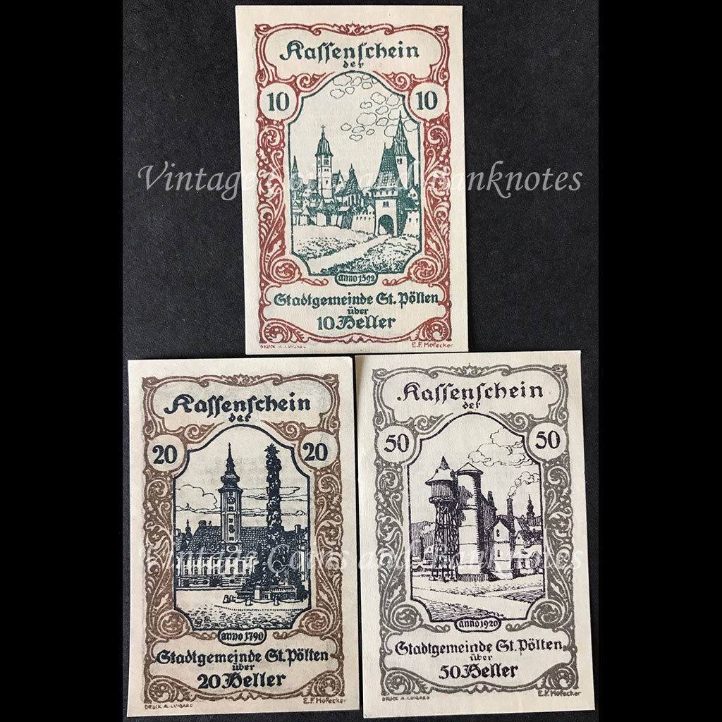 Austria 1920 10, 20 and 50 Heller Set - Sankt Poelten (Pölten) Notgeld