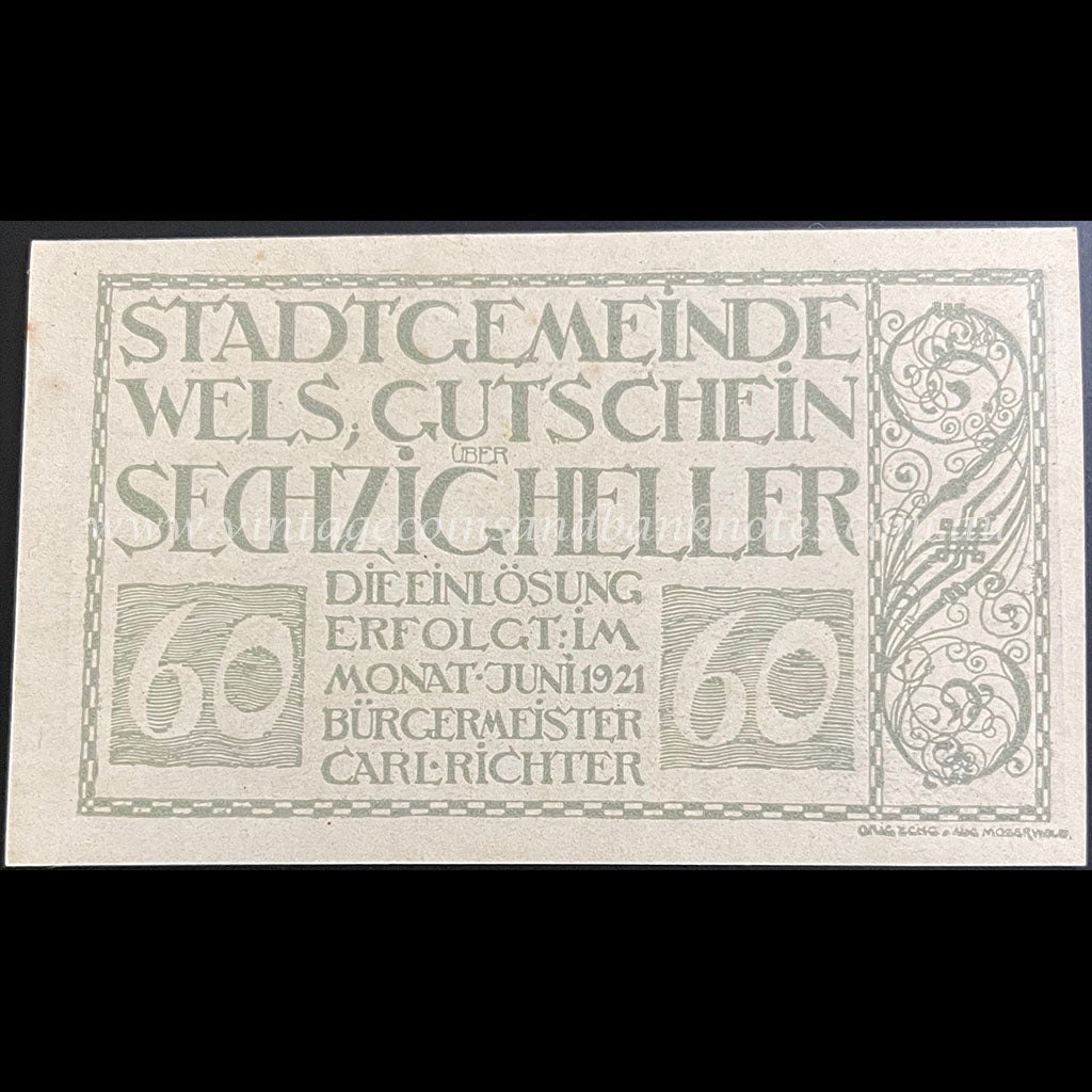 Austria 1921 60 Heller - Wels Notgeld UNC