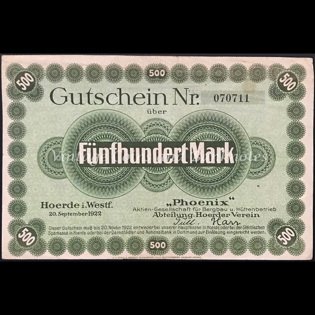 Germany 1922 500 Mark - Hoerde Notgeld gVF