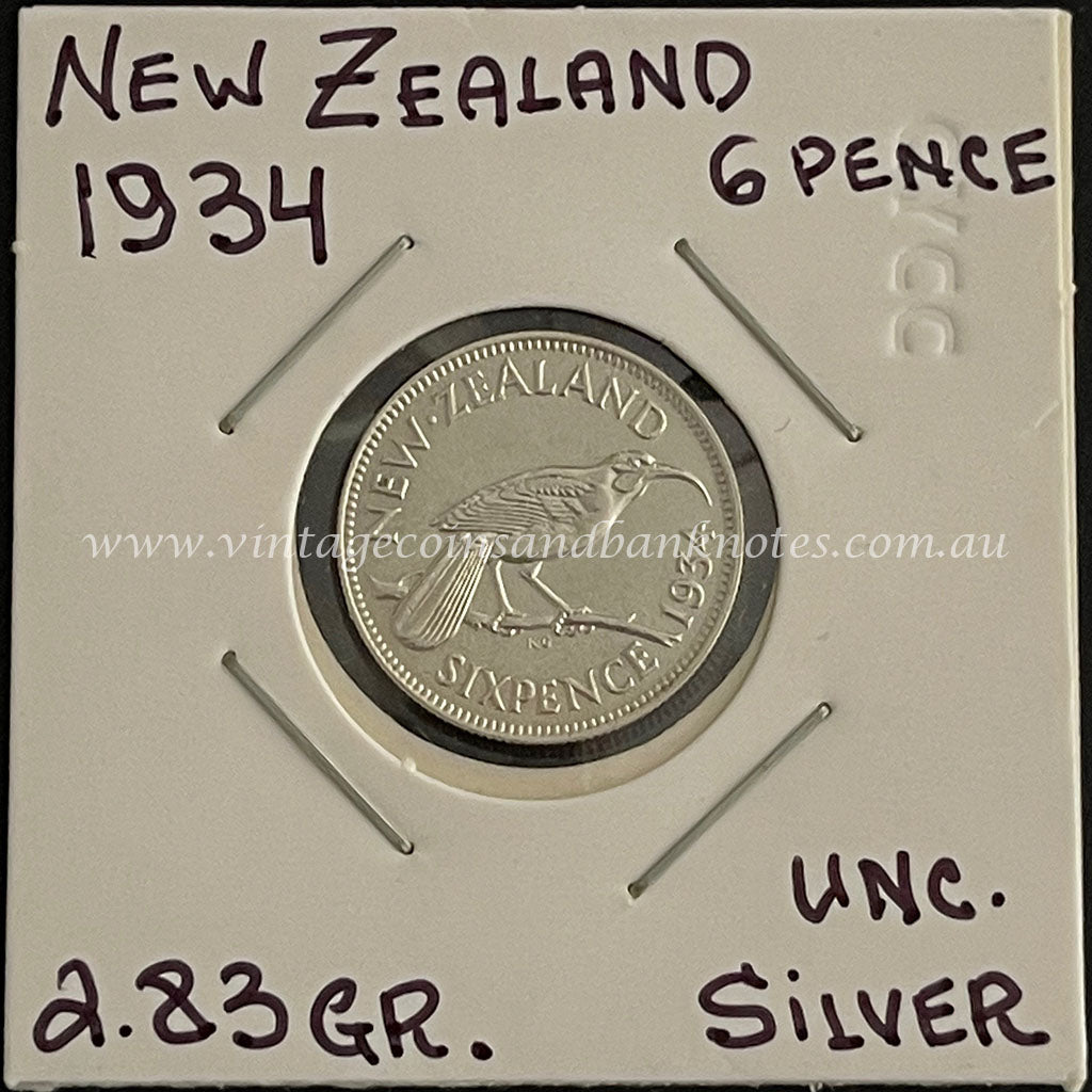 1934 New Zealand Sixpence King George V UNC