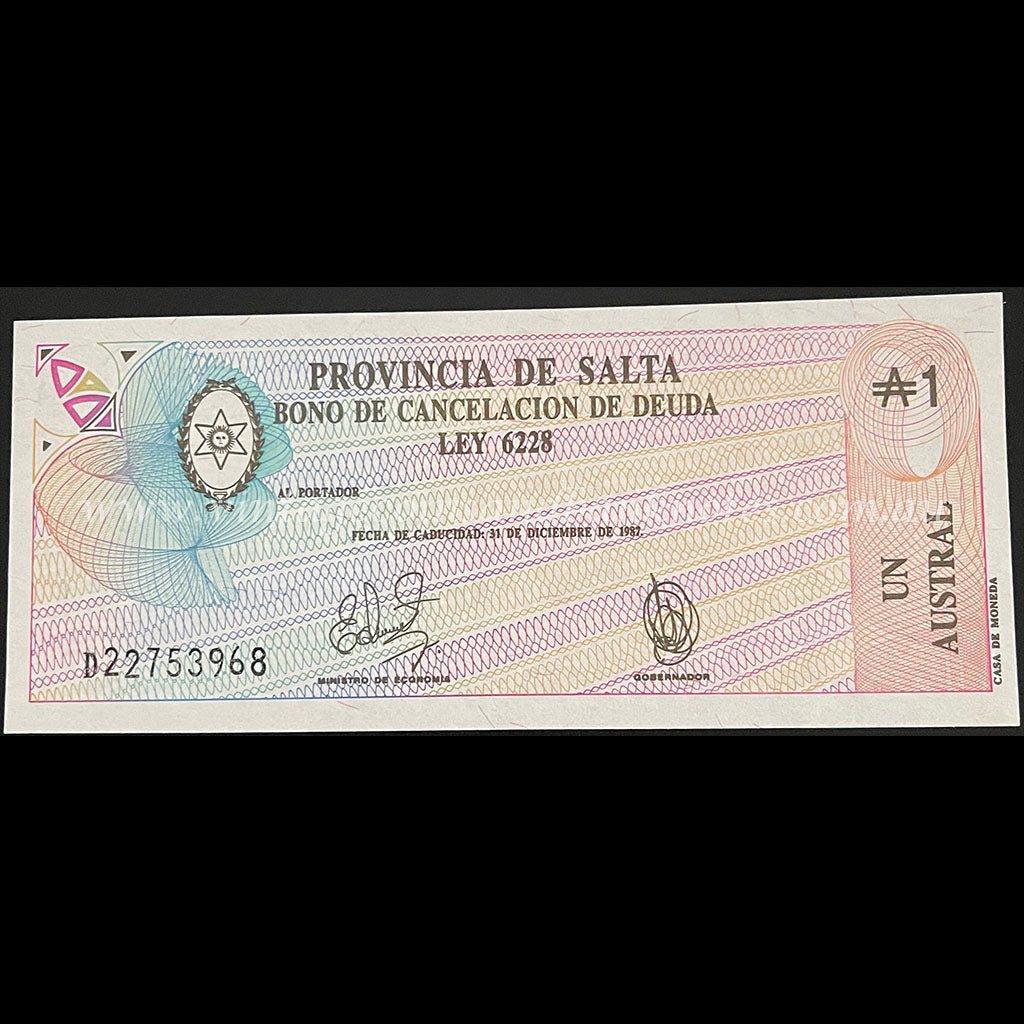 Argentina ND (1986) 1 Austral Debt Cancellation Bond - Province of Salta UNC