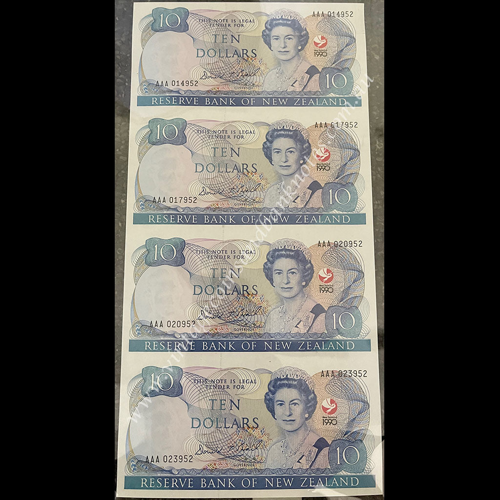 New Zealand Brash 1990 $10 Uncut Block of 4 Notes - 150th Anniversary Special Issue Prefix AAA UNC